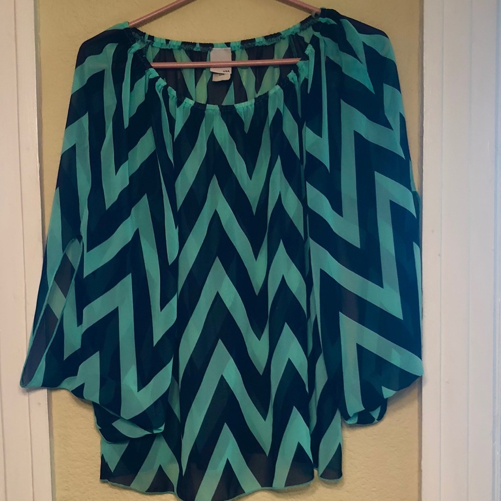 Mint Green and Navy Chevron Blouse